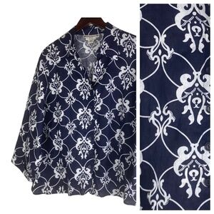 David Brooks Sz 2X 18 20 XXL Top Shirt Tunic Blouse 100% LINEN Navy Blue White